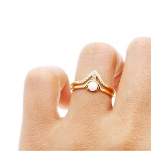 Gold plated stackable ring set. Round synthetic opal center stone.